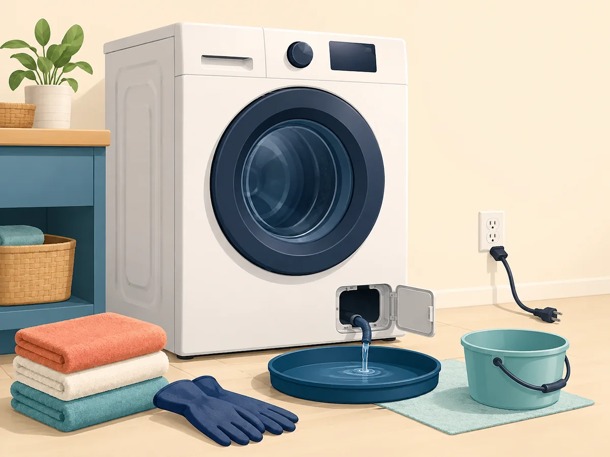 Illustrated safe setup for catching residual water from an unplugged washing machine