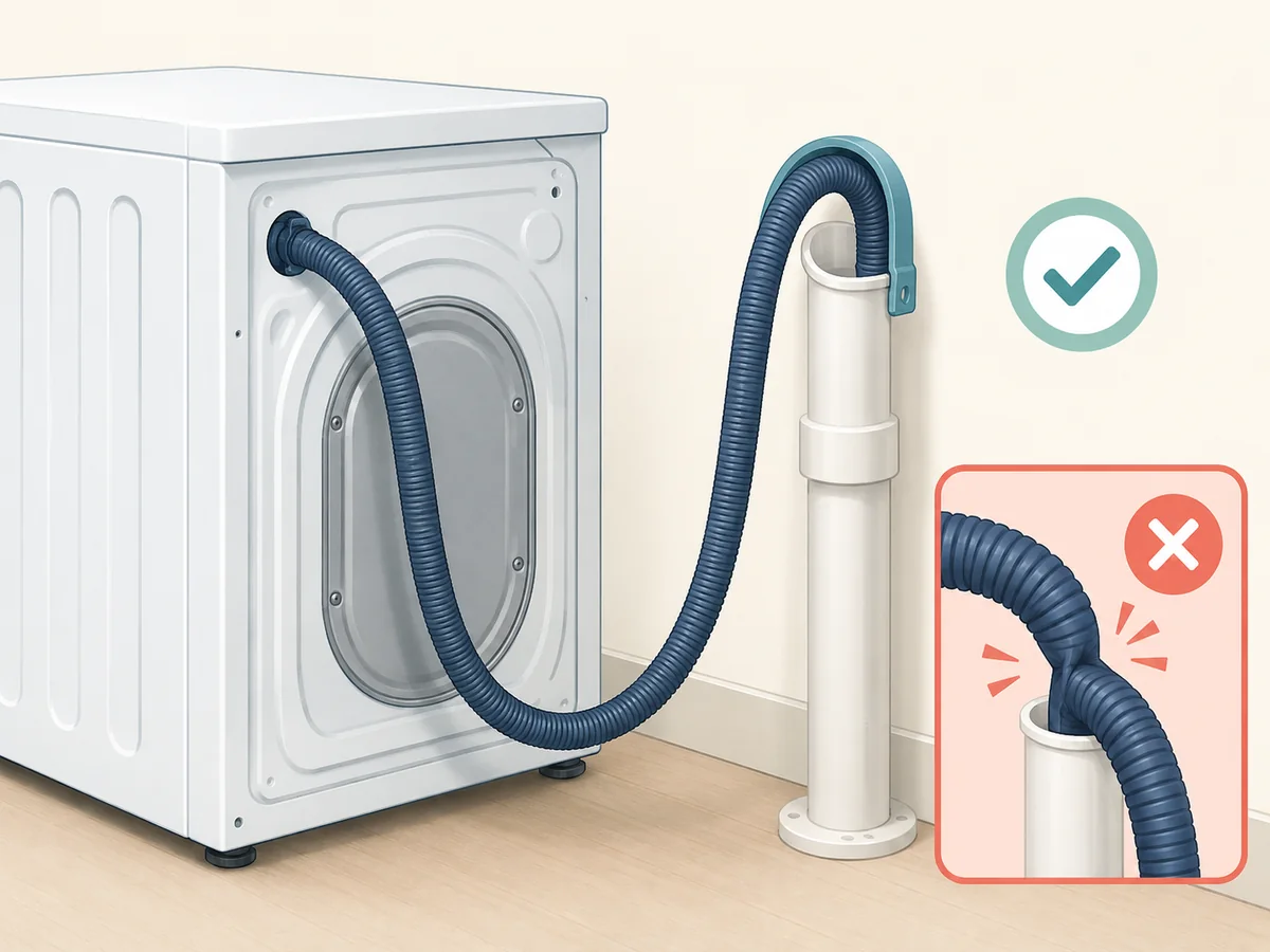 Illustrated washing machine drain hose with a smooth path and a kink warning