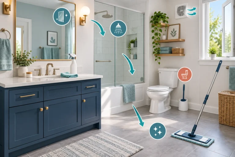 Illustrated bathroom cleaning setup with separate tools for the sink, toilet, shower, and floor.