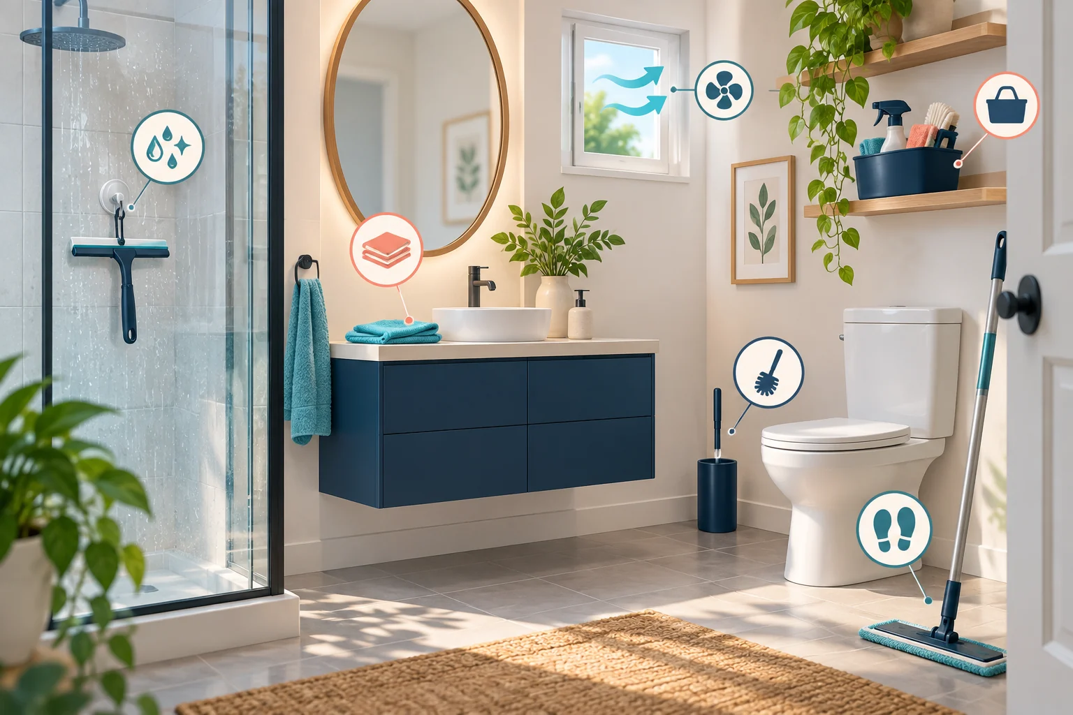 Illustrated bathroom with a shower squeegee, separate cleaning tools, ventilation, and a floor mop.
