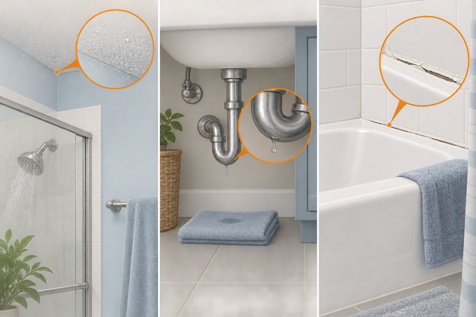 Three bathroom moisture clues: condensation at a ceiling corner, a small drip under a sink trap, and cracked caulk at a bathtub edge.