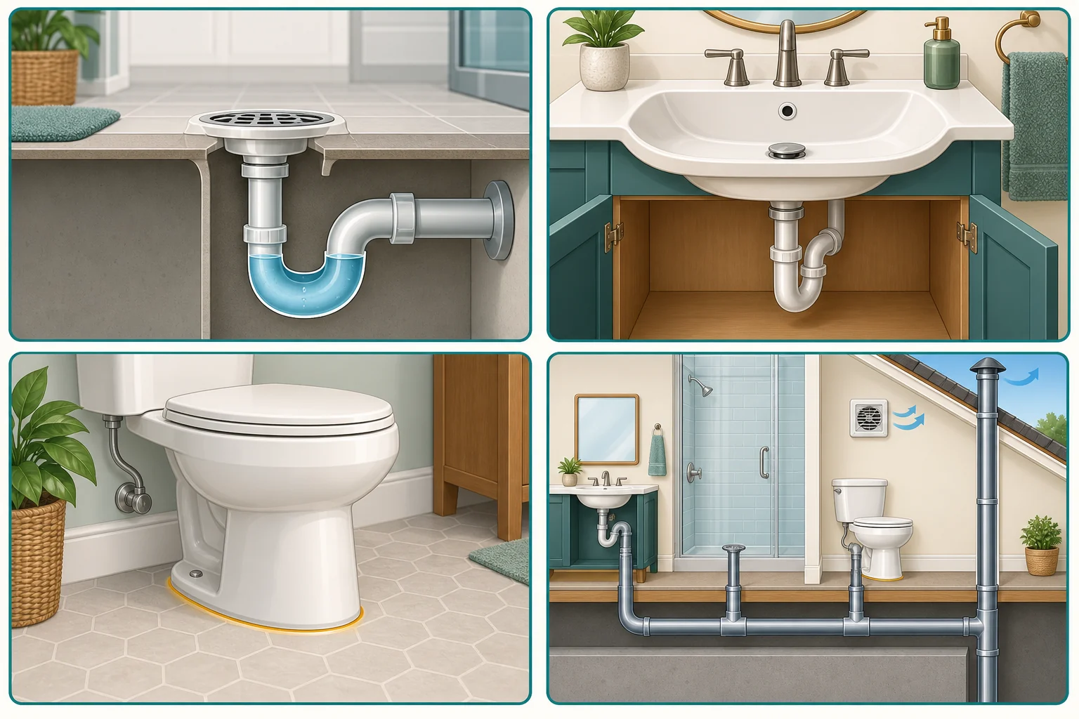 Diagram showing four bathroom sewage-odor patterns: a little-used drain, one sink, the toilet base, and several fixtures or an exhaust fan.