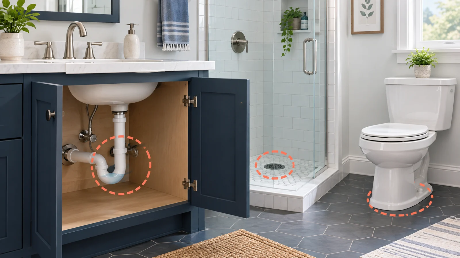 Bathroom sink plumbing and shower drain highlighted as possible sources of a sewage odor