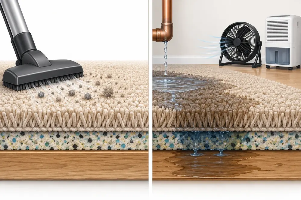 Split illustration comparing vacuuming dry carpet with drying carpet, pad, and subfloor after a water leak.