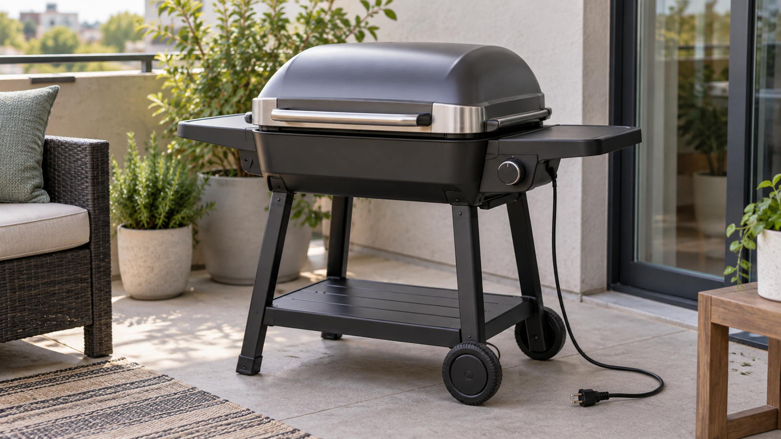 Unbranded electric grill on a patio with its power cord unplugged.