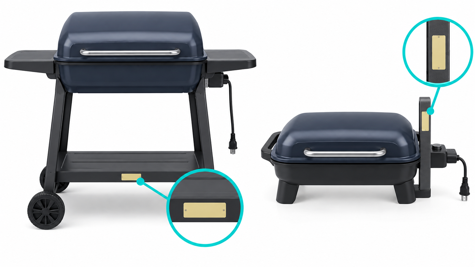 Diagram showing label locations on a full-size electric grill bottom shelf and a tabletop electric grill side bar.