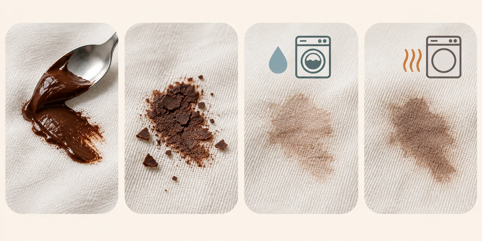 Four panels comparing fresh, dried, washed, and dryer-set chocolate marks on light fabric.