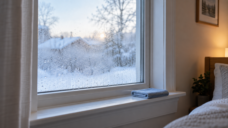 Bedroom window with condensation droplets on the room-side glass and a dry microfiber cloth on the sill.