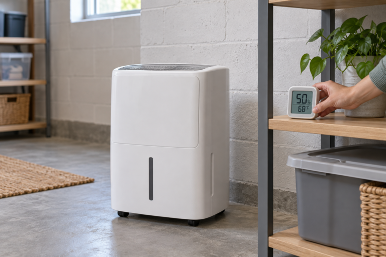 Portable dehumidifier in a dry basement beside a hygrometer reading 50% humidity.