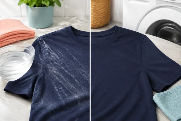 Dark shirt before and after white detergent residue is removed