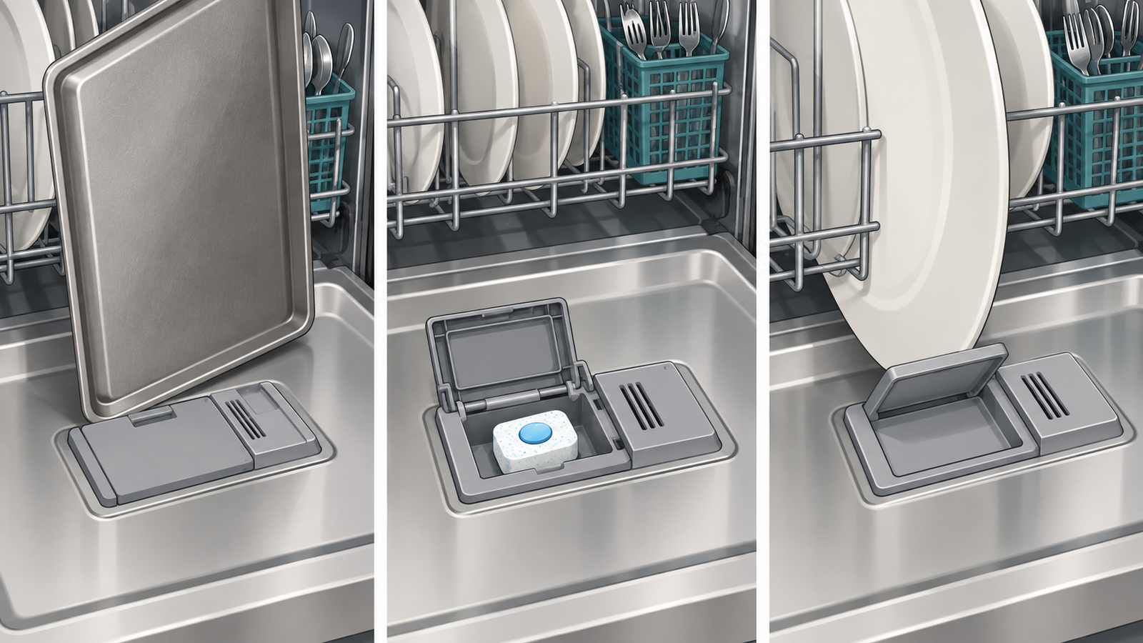 Conceptual three-panel dishwasher illustration showing a closed detergent cup blocked by a pan, an open cup with a tablet remaining, and a cup partly blocked by a plate.