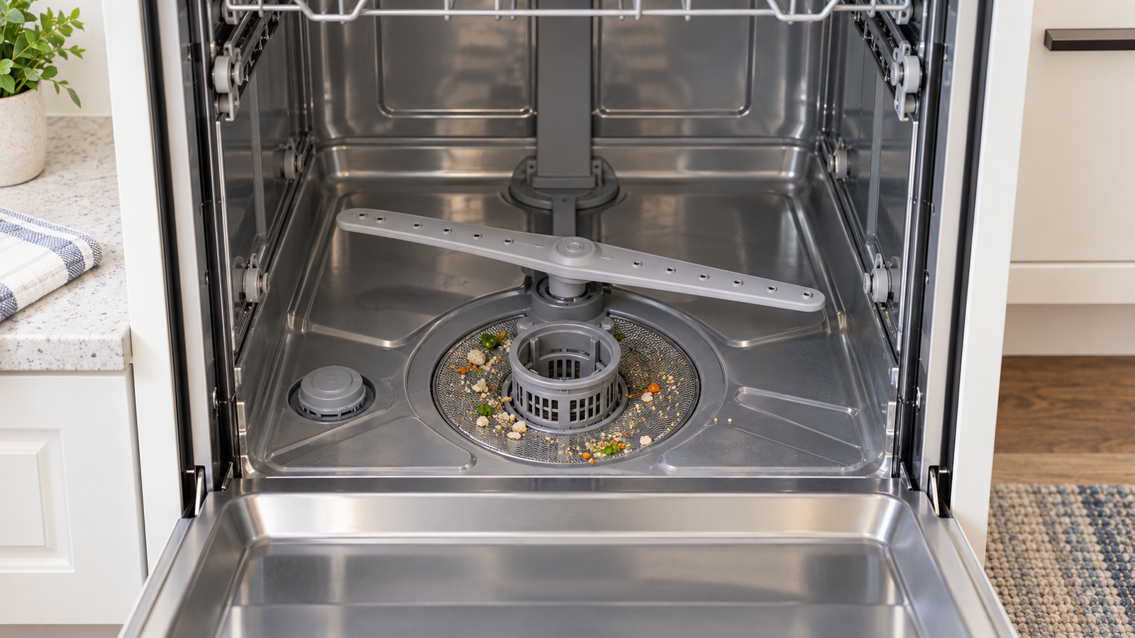 Open dishwasher with the lower rack removed, showing the filter at the tub bottom, a clear lower spray arm, and small food debris around the filter area.