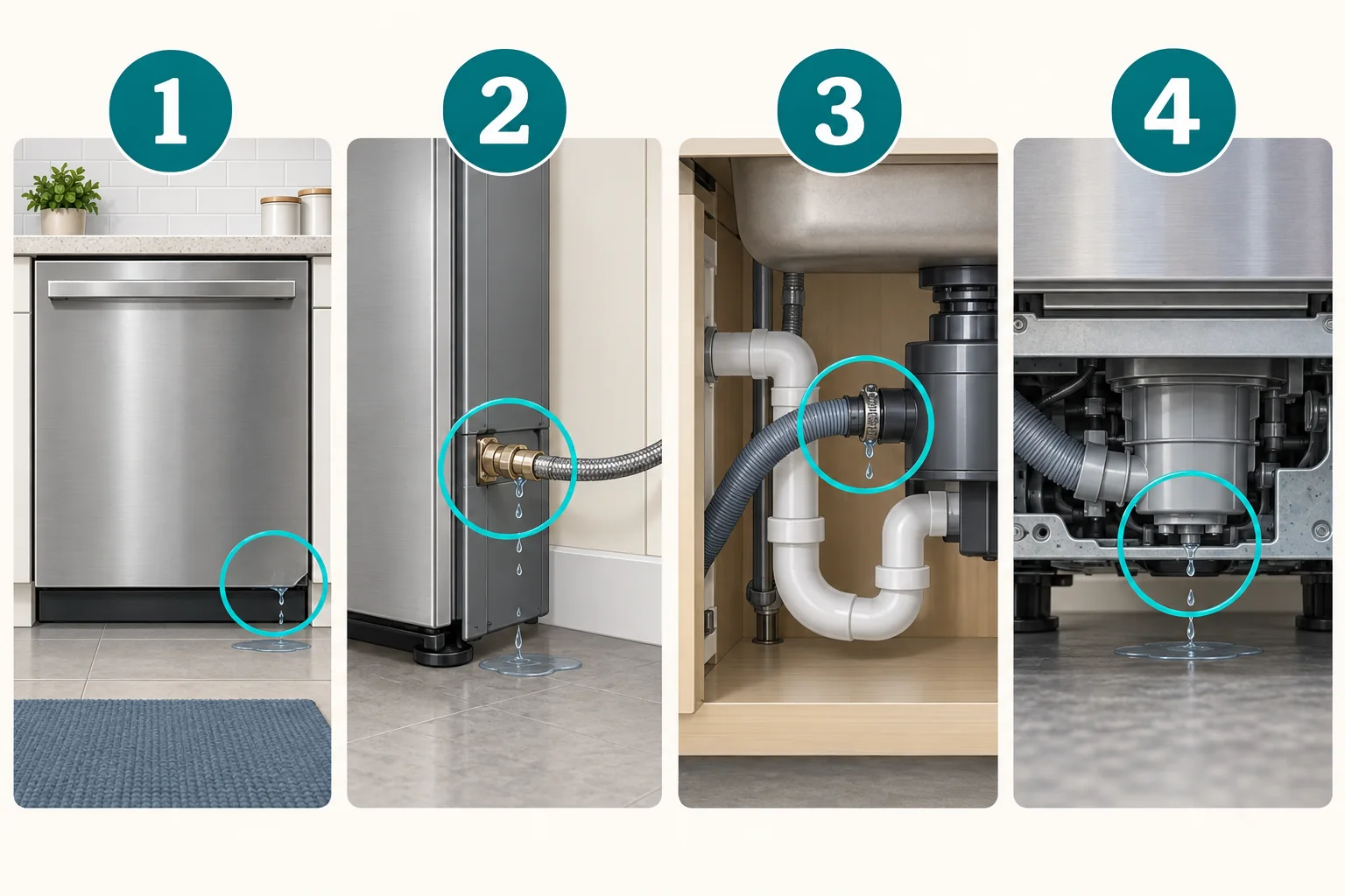 Four dishwasher leak locations: lower door edge, water-supply connection, drain-hose connection under the sink, and the pump or sump area underneath.
