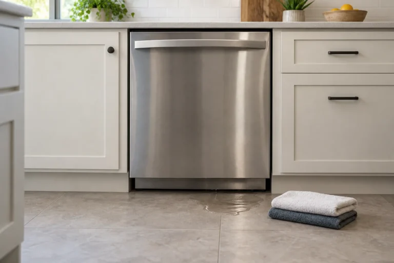Stainless-steel dishwasher with a small puddle of water at its lower front edge and folded towels nearby.