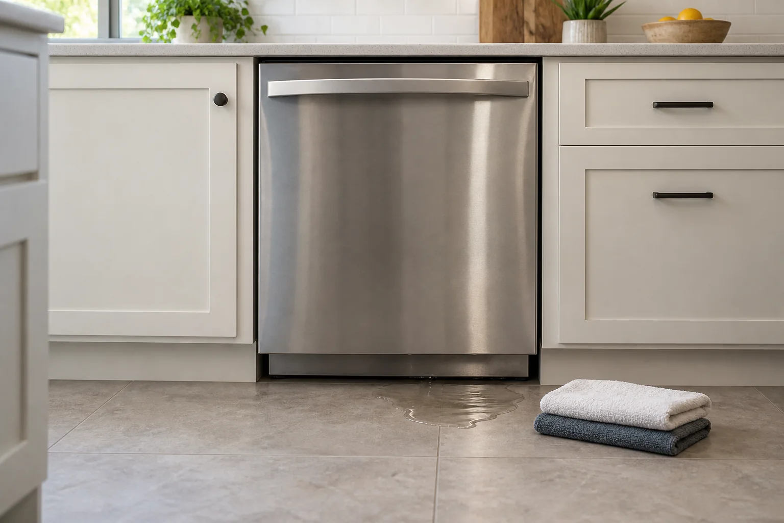 Stainless-steel dishwasher with a small puddle of water at its lower front edge and folded towels nearby.