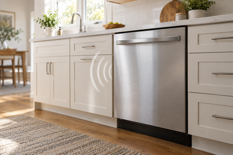 Built-in dishwasher running in a kitchen, illustrating an unusually loud dishwasher sound.