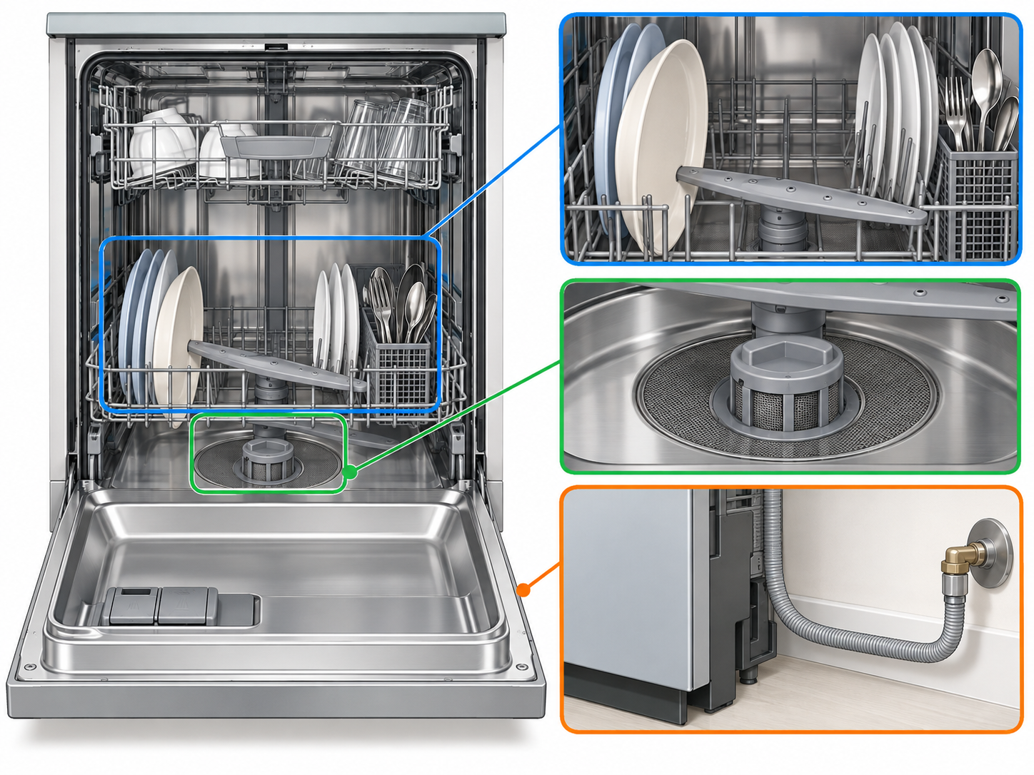 Diagram showing dish placement near a dishwasher spray arm, a lower filter area that requires the model manual, and a water hose where pipe noise may occur.