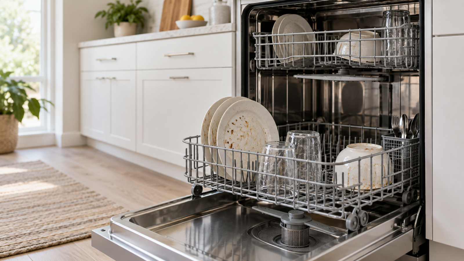 Open dishwasher with dirty plates, cloudy glasses, a visible lower spray arm, and the removable filter area.