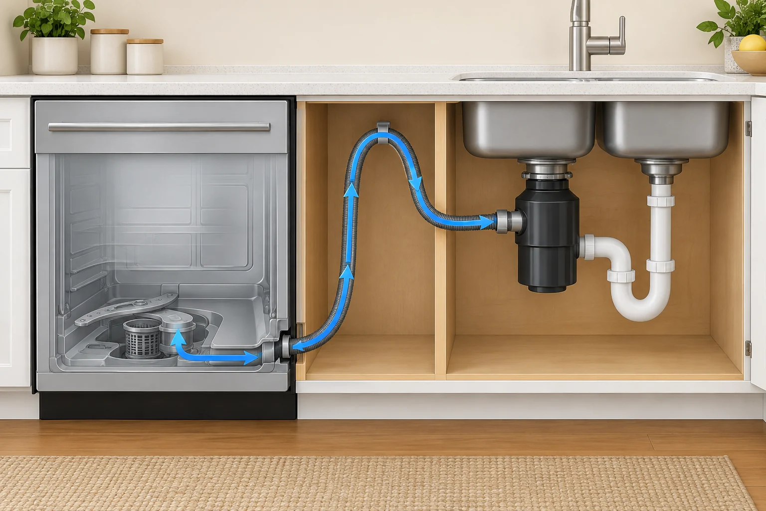 Illustration of water moving from a dishwasher filter area through a high-loop drain hose to a garbage disposal connection under the sink.