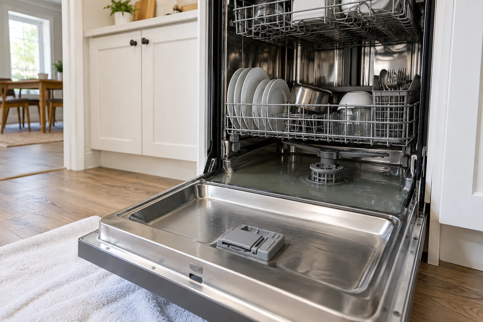 Open dishwasher with shallow standing water in the bottom and a dry towel on the kitchen floor.