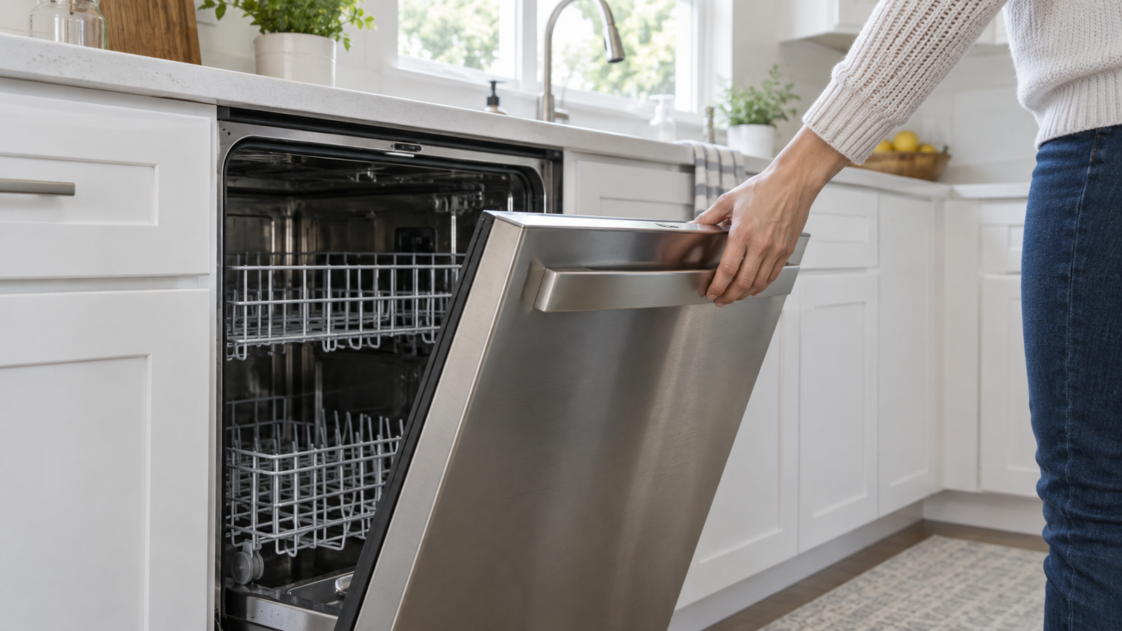 Open built-in dishwasher in a bright kitchen while a homeowner holds the door handle.