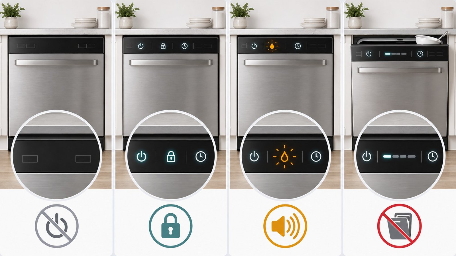 Four visual states of a dishwasher that will not start: no lights, controls locked or delayed, blinking or beeping, and a door that cannot close fully.