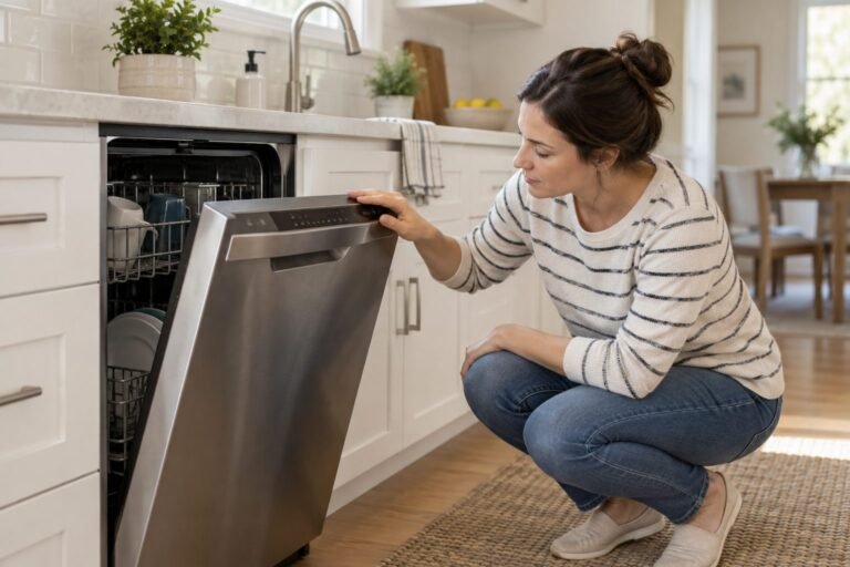 Homeowner safely checking the controls and door closure on a built-in dishwasher that will not start.