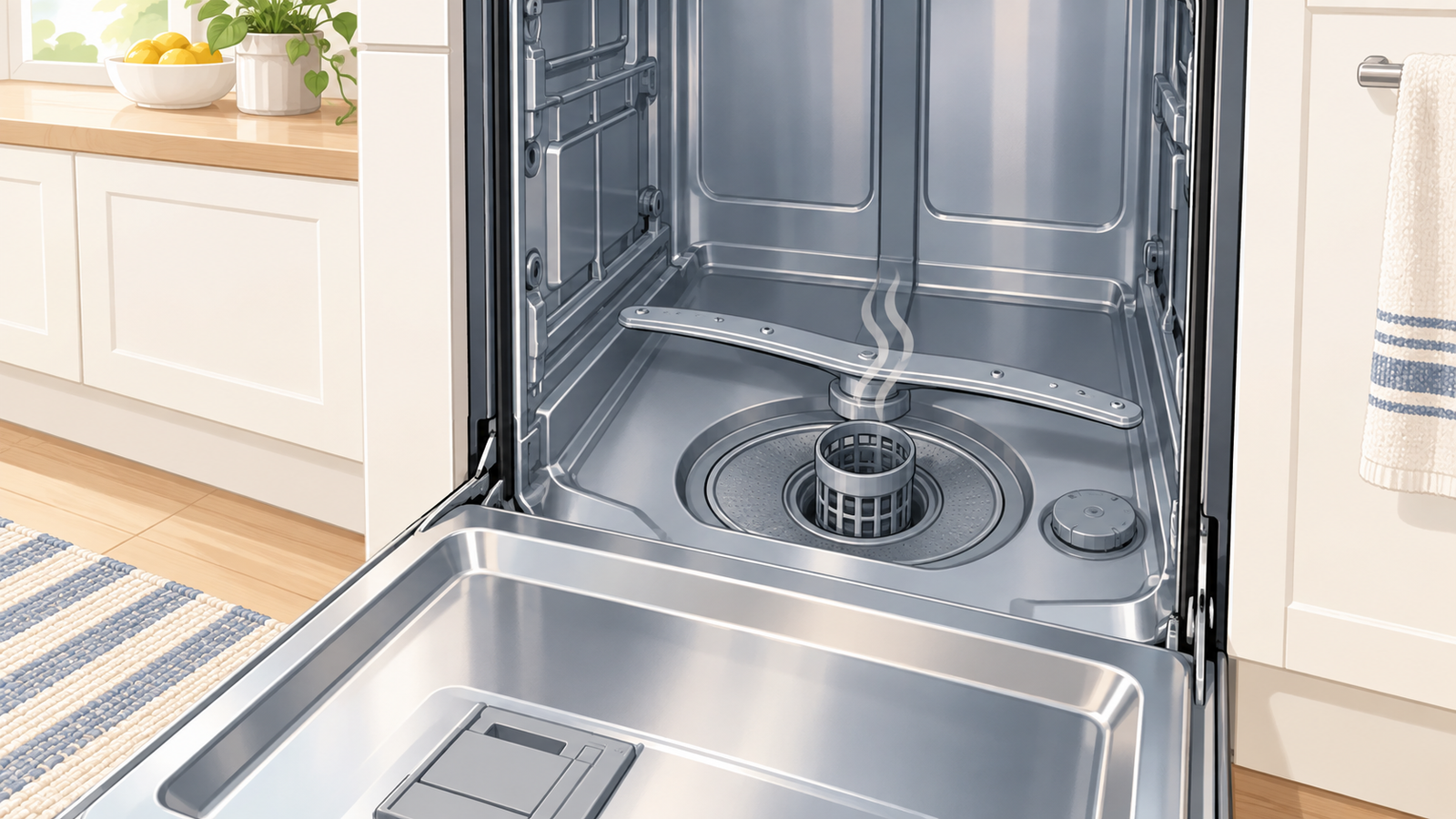 Open dishwasher showing the lower filter area and spray arm, with a faint odor line rising from the tub.