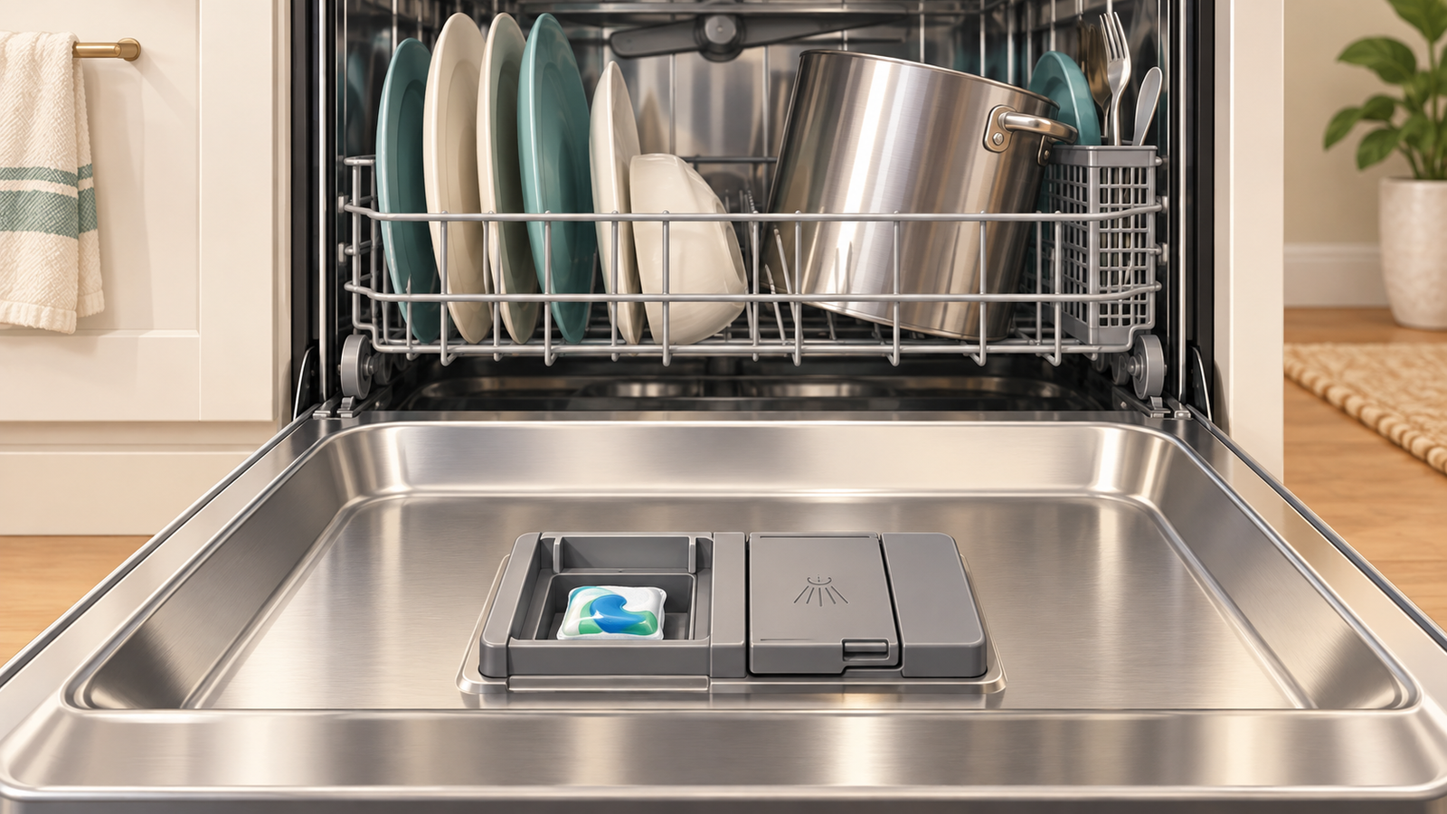 Open dishwasher door with a visible detergent compartment and a tablet, with a clear path in front of the dispenser.