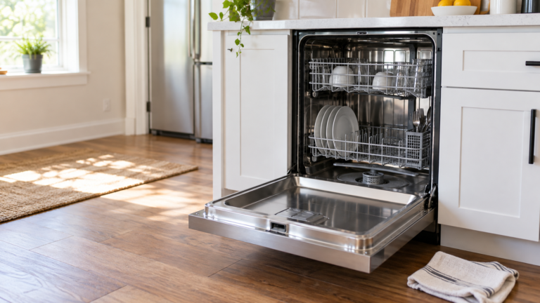 Open built-in dishwasher in a bright kitchen, with the lower filter area visible.