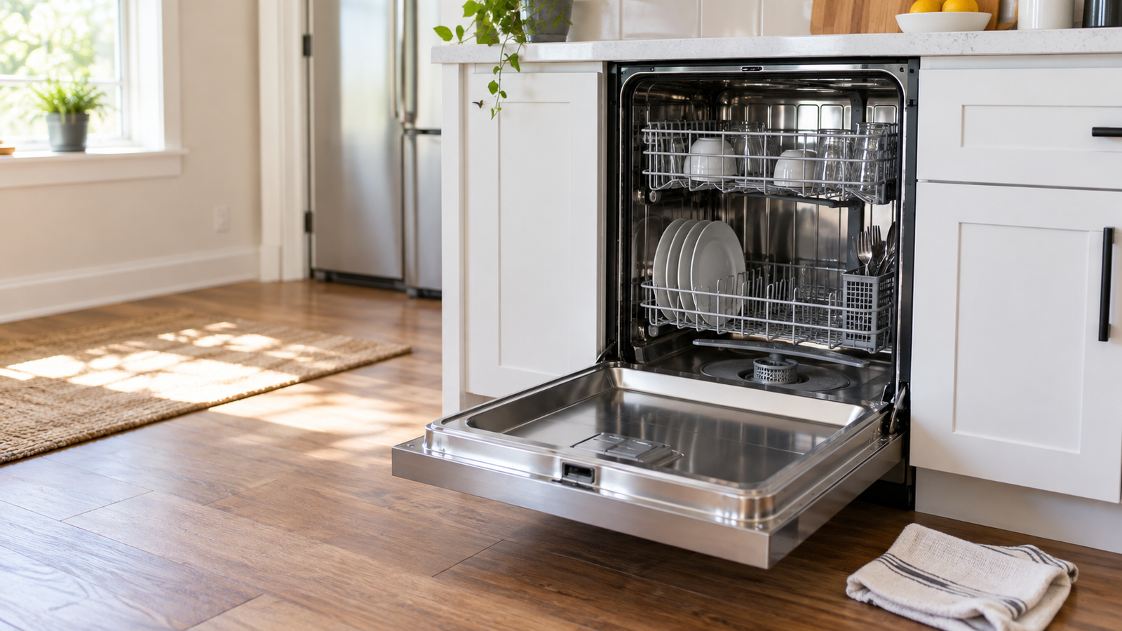Open built-in dishwasher in a bright kitchen, with the lower filter area visible.