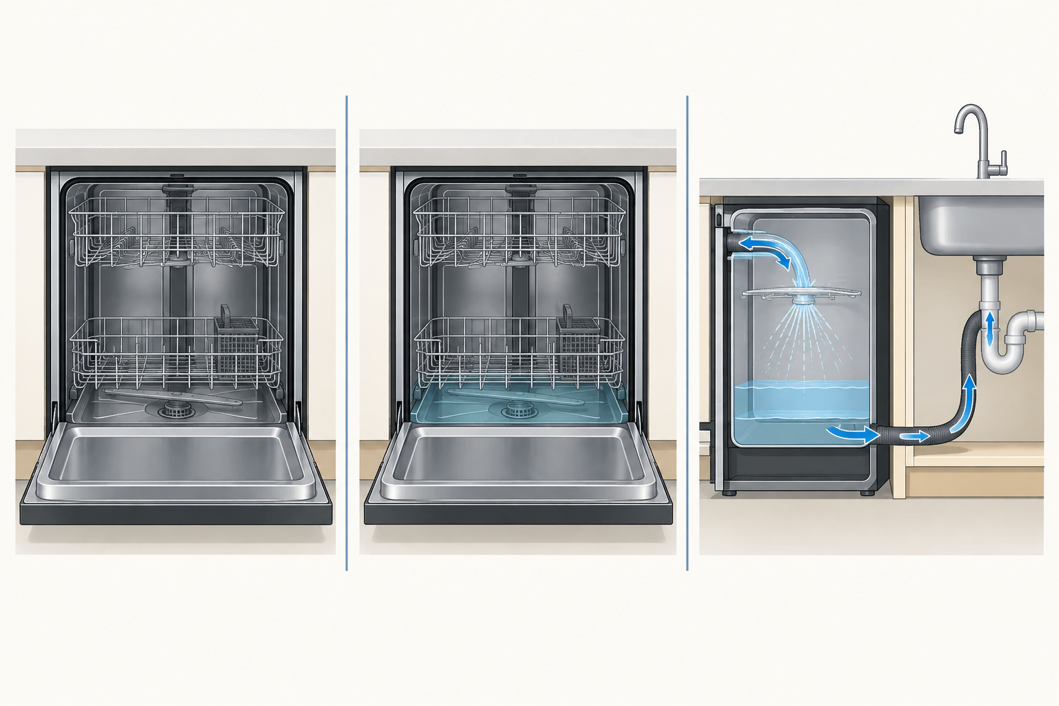 Three-panel conceptual dishwasher diagnostic illustration showing a dry tub, standing water in the bottom, and water moving from a dishwasher toward the drain path beneath a sink.