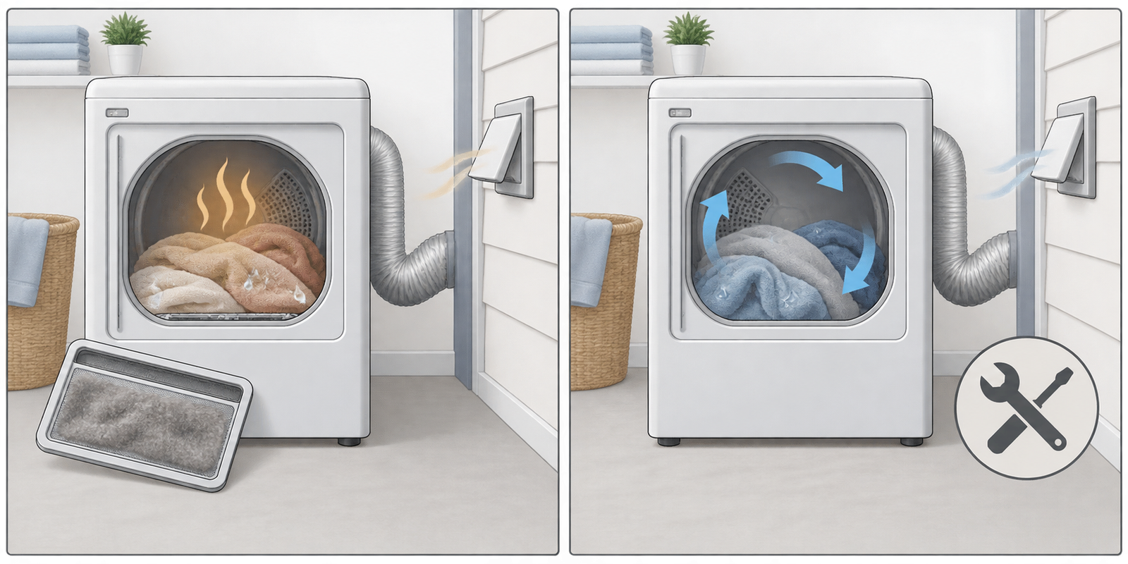 Illustration comparing restricted dryer airflow with a dryer that tumbles but produces little heat.