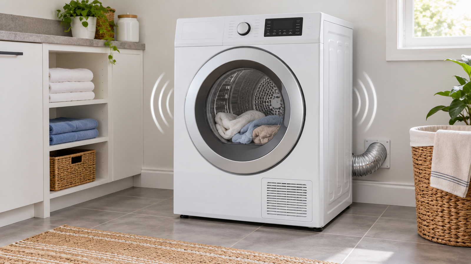 Front-loading clothes dryer operating in a tidy laundry room, with subtle curved motion lines beside the appliance to suggest an unusual noise.