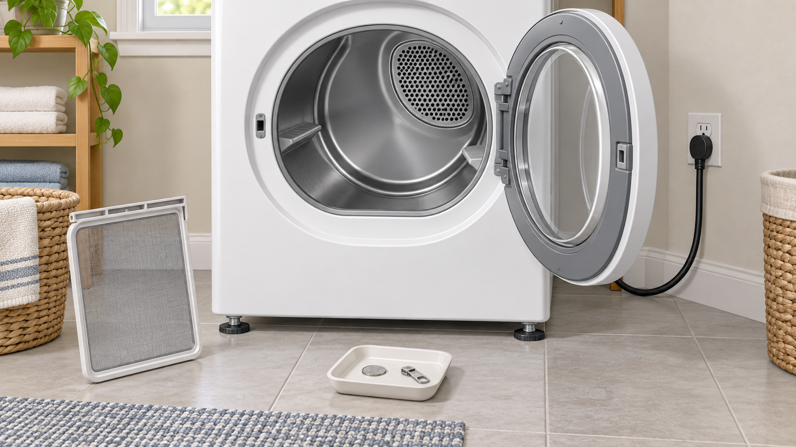 Open unplugged dryer with an empty drum, a clear lint screen, level feet, and loose objects removed to a tray.