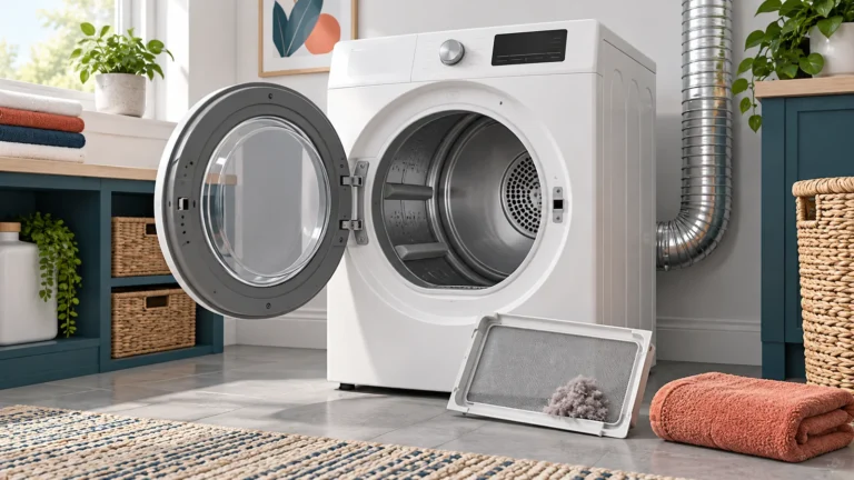 Front-loading dryer with its door open, lint filter removed, and exhaust duct visible