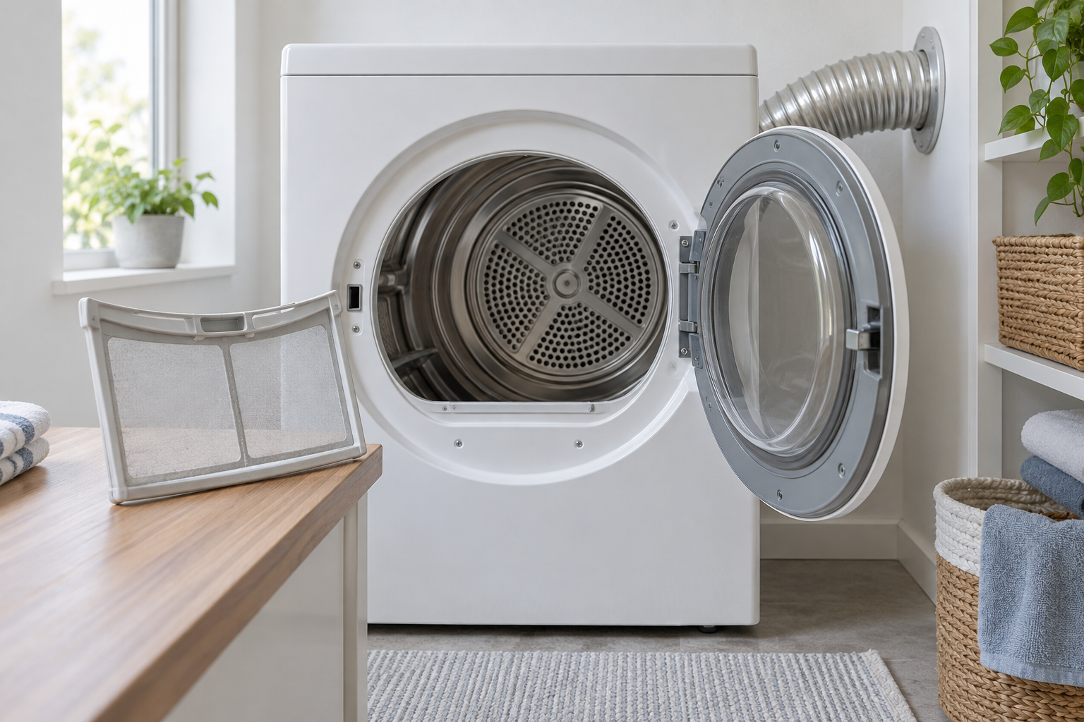 Laundry dryer with lint screen and exhaust path shown as the first checks for long drying times.