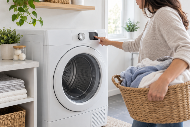 Person using a dry fingertip on the control panel of a closed front-loading dryer beside a laundry basket.