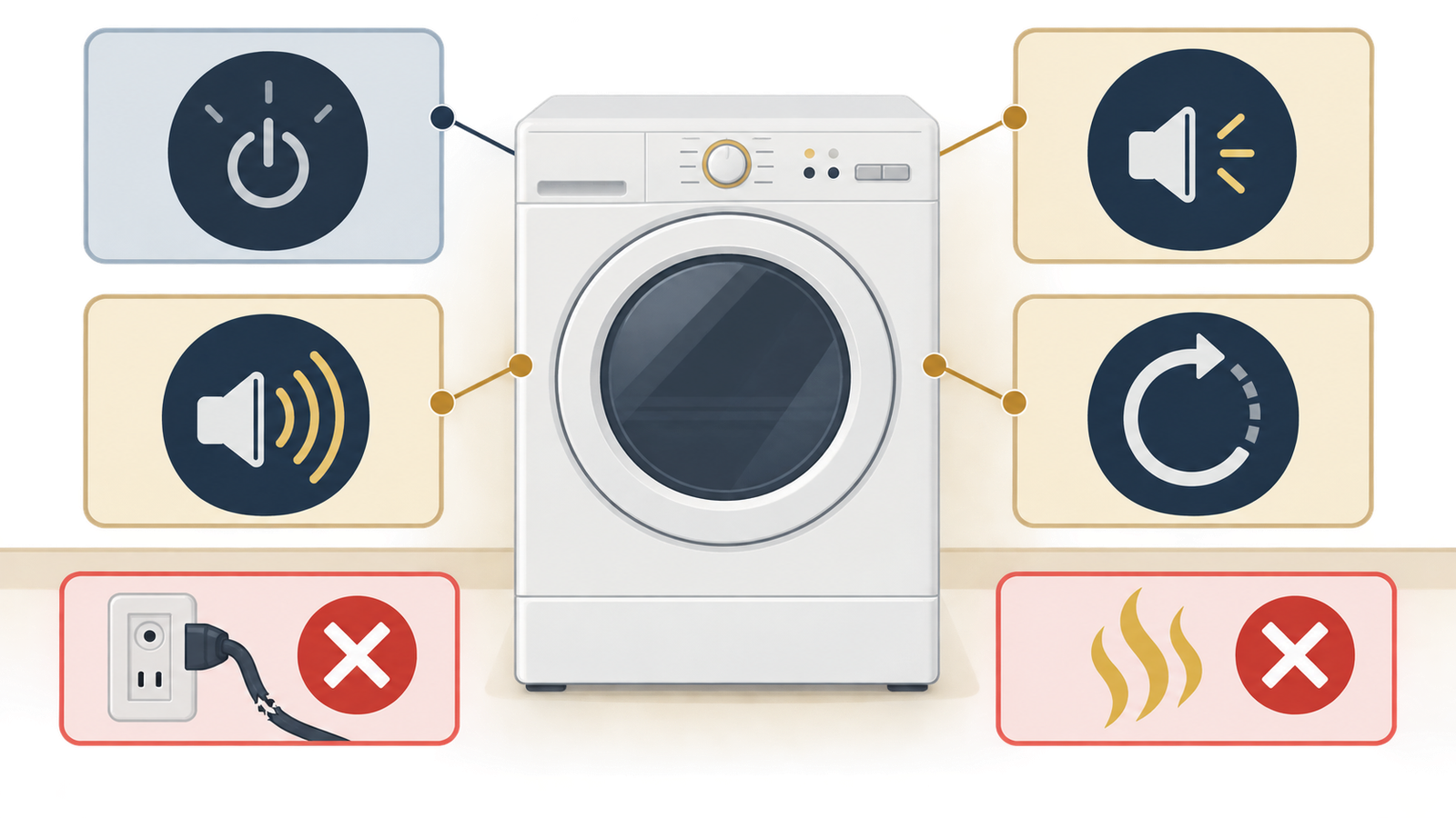 Conceptual diagram of a closed clothes dryer with symbols for no response, a click, a hum, start-then-stop behavior, and stop conditions for cord damage or gas odor.