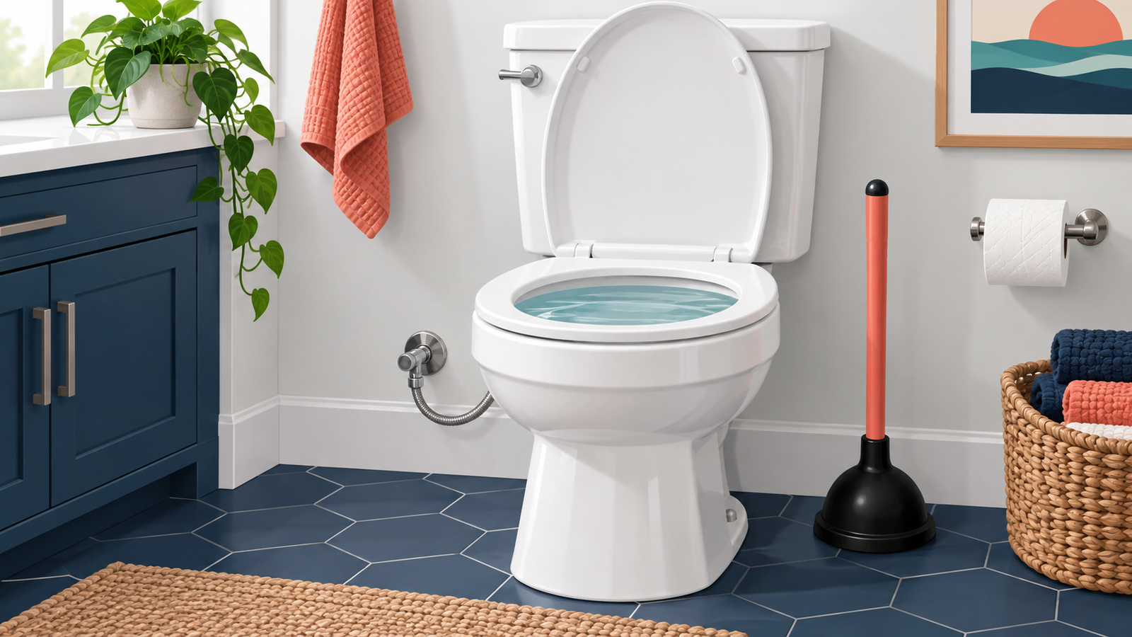 Clogged toilet with a flange plunger beside it in a bright bathroom
