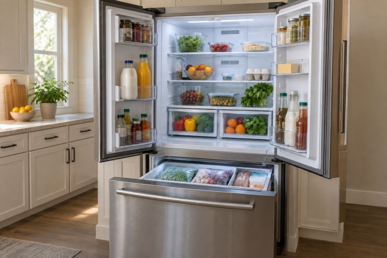 Open unbranded French-door refrigerator with frozen food in the freezer drawer and unobstructed rear air vents in the fresh-food compartment.