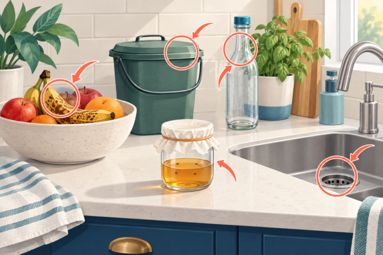 Kitchen fruit-fly source sweep showing produce, compost, recycling, the sink drain, and a vinegar trap.