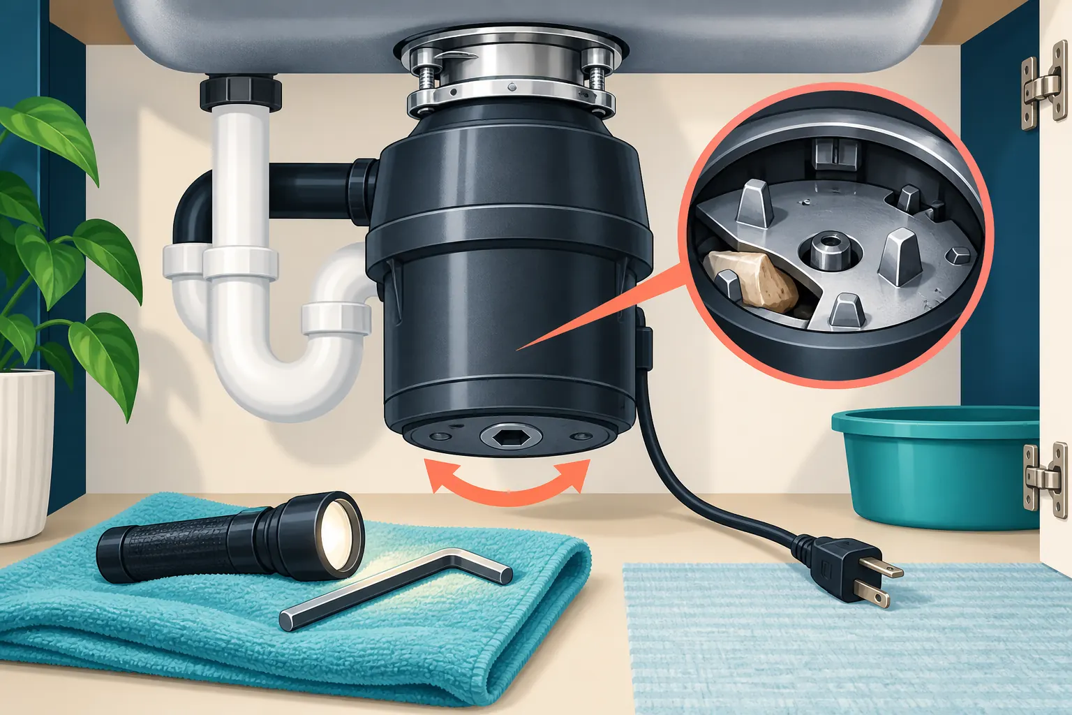 Garbage disposal under a sink with a jammed grinding plate and unplugged power cord