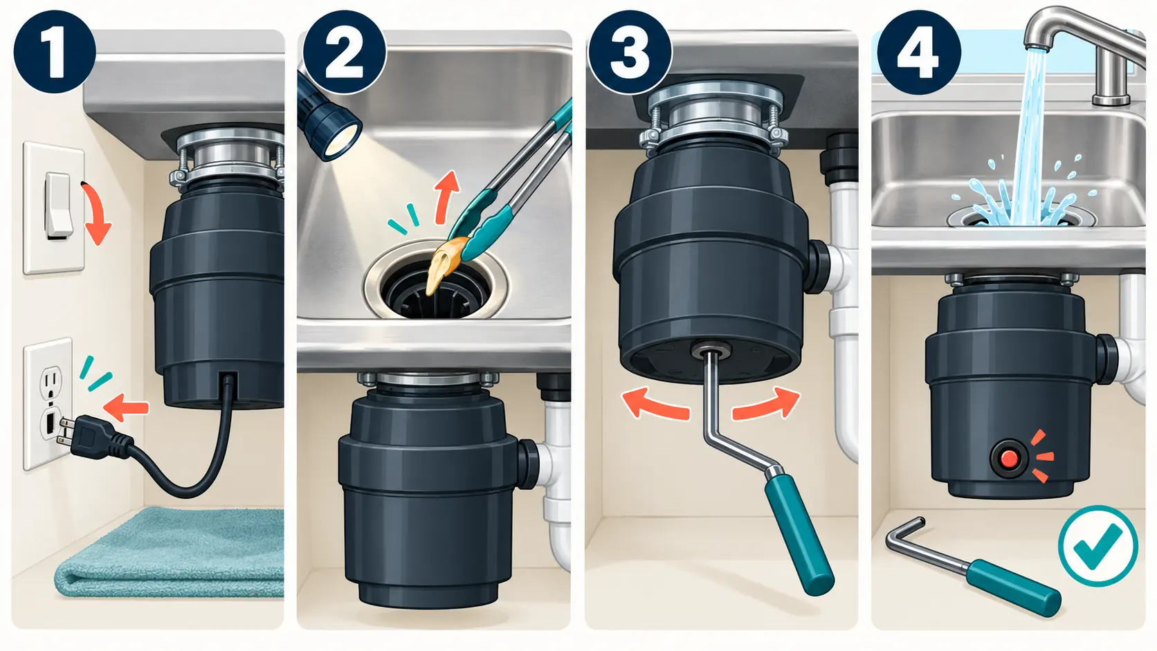 Four safe steps for a humming garbage disposal: disconnect power, inspect, use the manual wrench, and reset