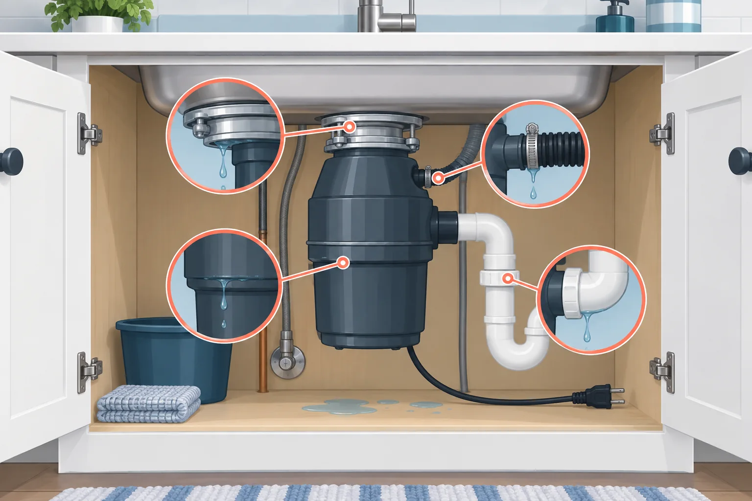 Garbage disposal under a sink with four possible leak points highlighted