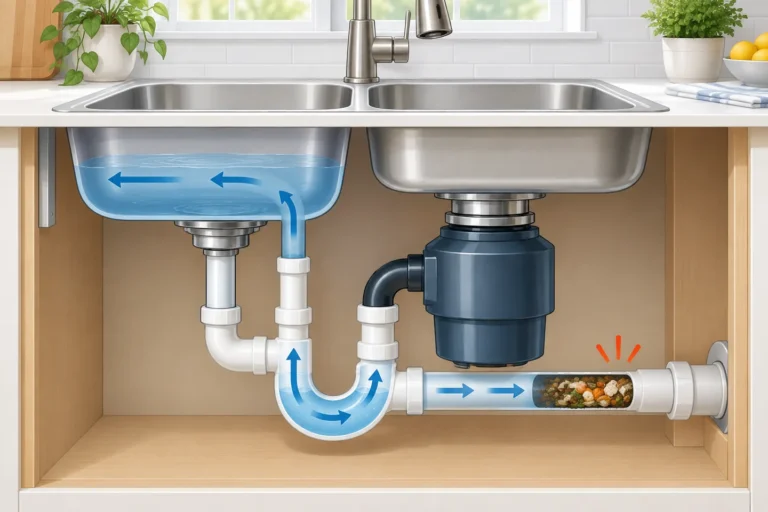 Diagram showing a garbage disposal, P-trap, and blocked shared drain beneath a double kitchen sink.