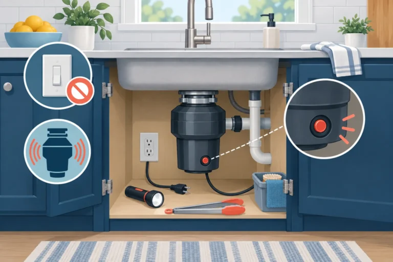 Garbage disposal beneath a kitchen sink with power off and reset button highlighted