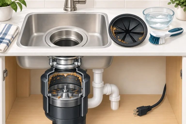Illustration showing food residue beneath a garbage disposal splash baffle and the areas that need cleaning.