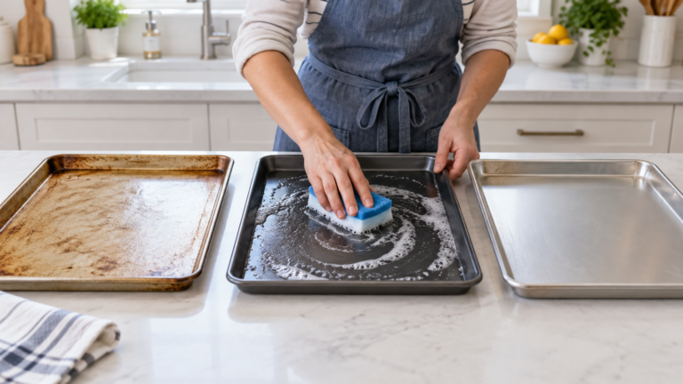 Baking sheets of different finishes being cleaned gently with a cloth and sponge.
