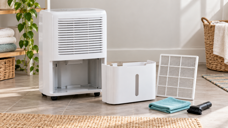 Unplugged portable dehumidifier with its water bucket and removable mesh filter set out for cleaning on a utility-room floor.
